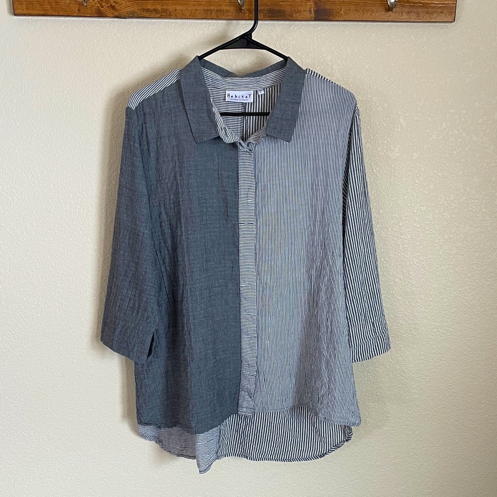 Habitat Block Print Button Down Blouse L Lagenlook Minimalist Beachy Striped